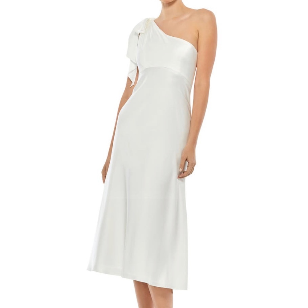 Mac Duggal One-Shoulder Bow Satin Midi A Line